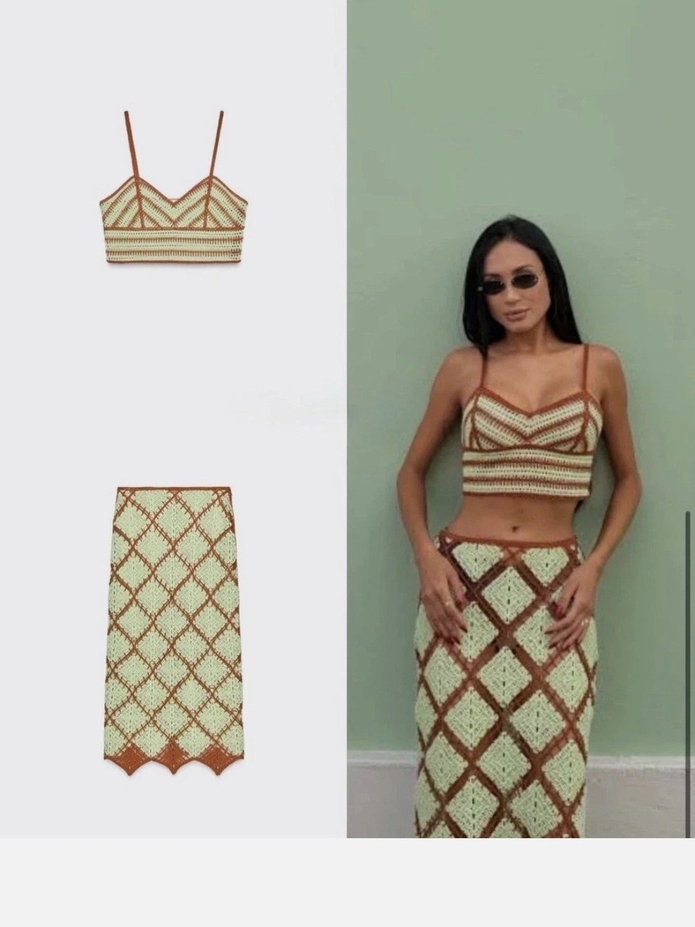 Zara Crochet Two-Piece Maxi Skirt Set in Sage Green and Brown